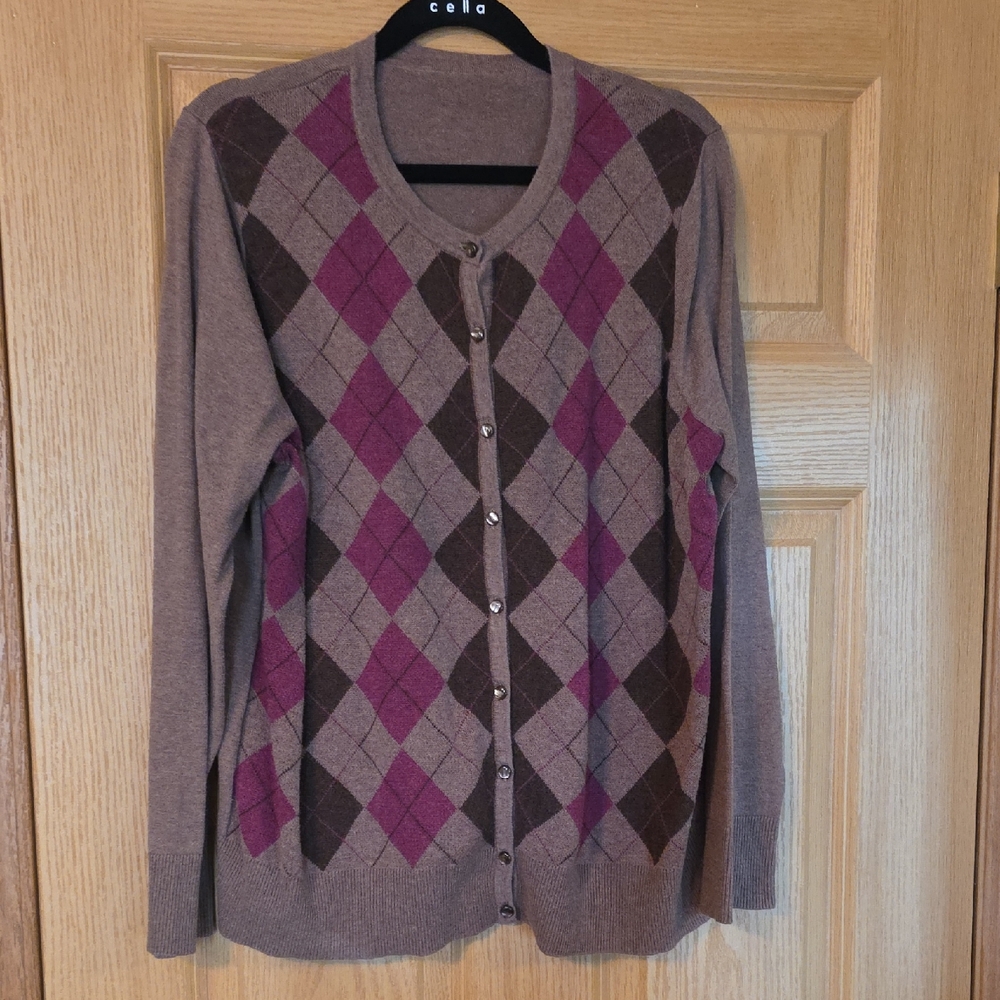 Women's Argyle Cardigan Sweater -‎ Brown and Pink